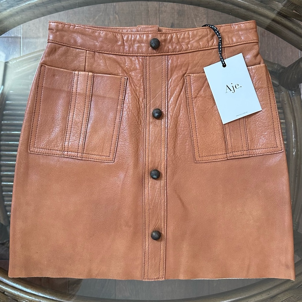 NWT Aje Shrimpton Leather Mini Skirt Tan/Camel Small